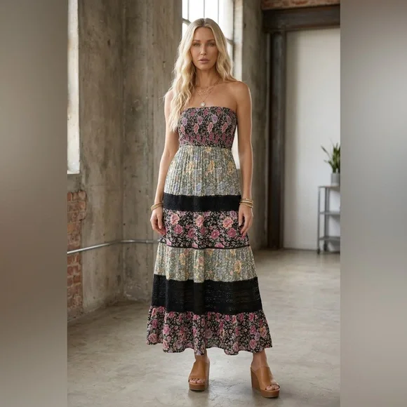 NWT Angie Boho Mixed Floral Print Crochet Smocked Strapless Maxi Dress - Picture 2 of 5